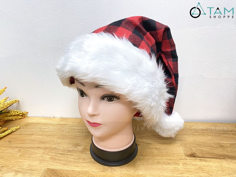 Nón Noel vải sọc Caro Đỏ Đen viền lông thú [Dày dặn - ĐK 32cm] NON-X-06